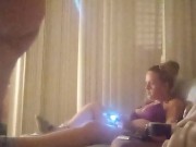 Nasty roommate masturbating to pretty busty girl in bra and panties while she is playing video games