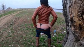 outdoor striptease by the lake – jeans, leather & naughty tease (part 1)