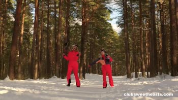 Ski Slope Sapphic Seduction: Petite Lesbians Lick and Finger