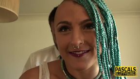 Bound submissive with tattoos takes deepthroat and gets pounded