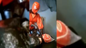 Extreme breathplay on mummified slave in latex