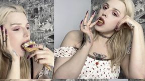 PRETTY BLONDE GAINING WEIGHT EATING A HUGE ICECREAM