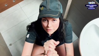 Amateur public flasher Eva Soda sploogs soda on McDonald's worker for rough, messy hookup in the bathroom.