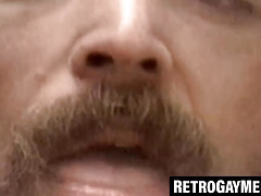 Retro hairy stud masturbates intensely before huge climax