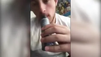 Curious straight twink experiments with sucking cock on webcam