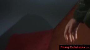 PussyCatsLatex com - Inked sub babe′s dildo fucking by latex mistress
