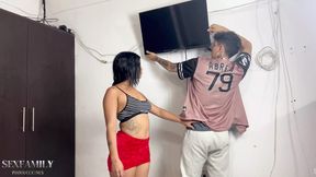 A TV technician comes to fix my TV and ends up giving me a great fuck with orgasms.