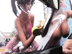 Big-titted older and younger women seduce tattooed guy with car wash and cocksucking