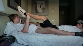 Alex gives me footjob in white-red sneakers and bare feet