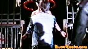 ”Submissive stud receives blowjob in retro 3some”