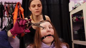 lesbian domination with humiliation - cut hair - dirty talk. leather gloves. domina and submissive slut in straightjacket.