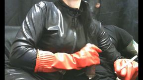 Smoking wife in red rubber gloves taking care of my cock 1