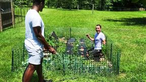 Two guys fool around with cucumbers first