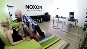 Blonde MILF in black stockings gets big boss's cock