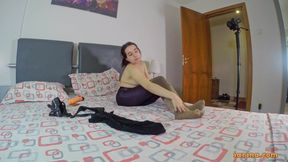 Sexy midget touching herself in sheer pantyhose