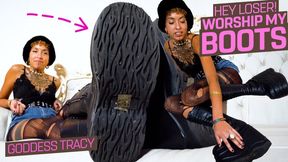 Come and lick my club boots clean! ( Boot Humiliation with Goddess Tracy ) - 4K FULL HD