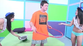 Three attractive babes suck wild this huge dick
