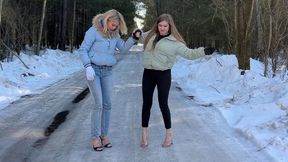 High heels sandals on ice, high heels mules on ice, slippery shoes on ice, girls walking on ice