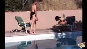 Dirty dudes deliver scorching hot bukkake to breathtakingly bare babe beneath balmy sun