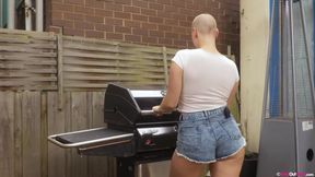 Busty Bald Girl with Hairy Pussy and Armpits Masturbates Outdoors