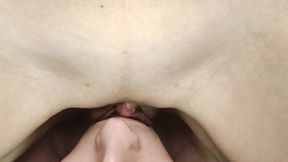 Wet pulsing vulva slides on man's tongue