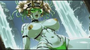 95. Flower girl topless sexy pose in front of a waterfall