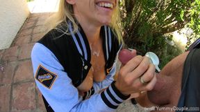 Quick outdoor handjob, huge cumshots