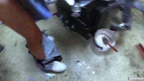 Sweaty Mechanic Chokes Jock Throat Then Pounds Man Pussy in Garage Threesome Gush