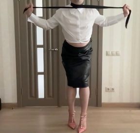 Femboy BDSM self choking in leather midi skirt and white office secretary blouse jerking and cumming on high heels