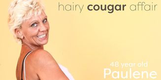 Paulene is a hairy cougar that loves to get fucked on her sofa by her neighbor, who loves to come!