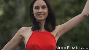 ”Joyful brunette outdoor snatch teasing”