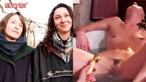 Two German beauties finger each other's hairy pussy in a hot bath