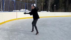 High Heels Mules on ice rink, high heels on ice, slippery high heels on ice, girl on ice rink