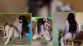 Mistress Mersiiik, wearing a dress, stomps barefoot on an inflatable owl-shaped ball, then sits on it with her bottom and bounces, squashing it down and sitting on it with her full weight... inflatable foot fetish feet bottom