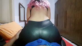 Pink hair, leather leggings, assjob cum in pants, lapdance grinding ended with cum in his pants