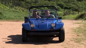 Round as a Bell beach babe gets double penetrated and jizzed in mouth