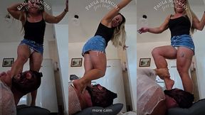 trampling in a denim miniskirt