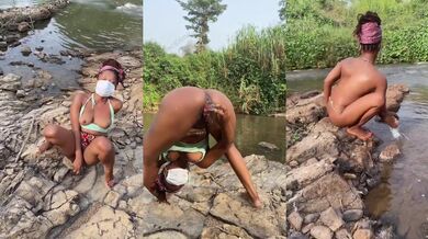 Ebony Milf Squirts Creamy Juice on Glass Dildo Outdoors