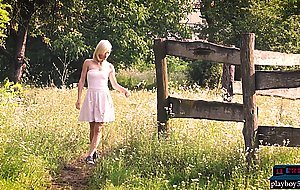 Perfect natural European MILF blonde Zazie Skymm solo striptease outdoor