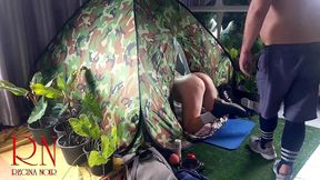 sex in camp. a stranger fucks a nudist lady in her mouin a camping in nature.