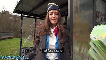 Big-titted Canadian flight attendant rides thick cock hard and fast