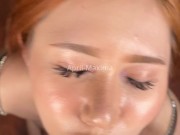 April-Maxima gives a Japanese POV blowjob with her big tits out and gets a huge facial!