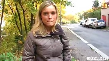 Fresh, Czech blonde with nice, firm tits is sucking a stranger's dick because she needs money