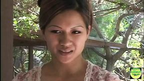 Asian brunette offers huge hairy pussy for bored guy to eat