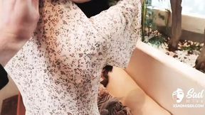 Sexy petite Asian babe rubs silky thighs on buddy's massive meat-stick - Steamy sexcapade!