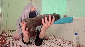 Busty anime cutie lands monster dildo down her tight asshole