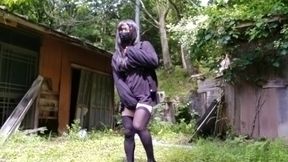 Cute ladyboy masturbates in decaying forest for public cumshot
