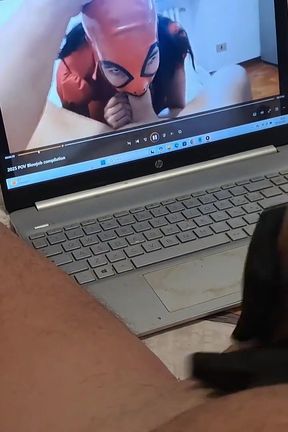 MILF Handjob Jerks off a Big Cock Until He Cums on Her Gloves POV