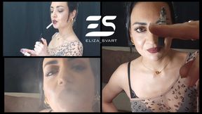 Smoking a Marlboro red titanium in a bodystocking and high heels