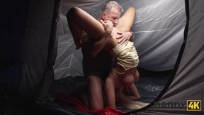 Buxom blonde Era Queen cheats on hubby in the tent with much older cock